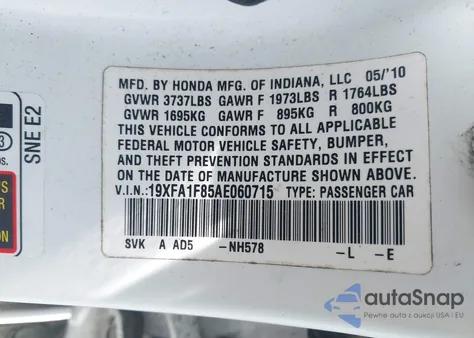 2010 Honda Civic Ex from USA, damaged, VIN 19XFA1F85AE060715